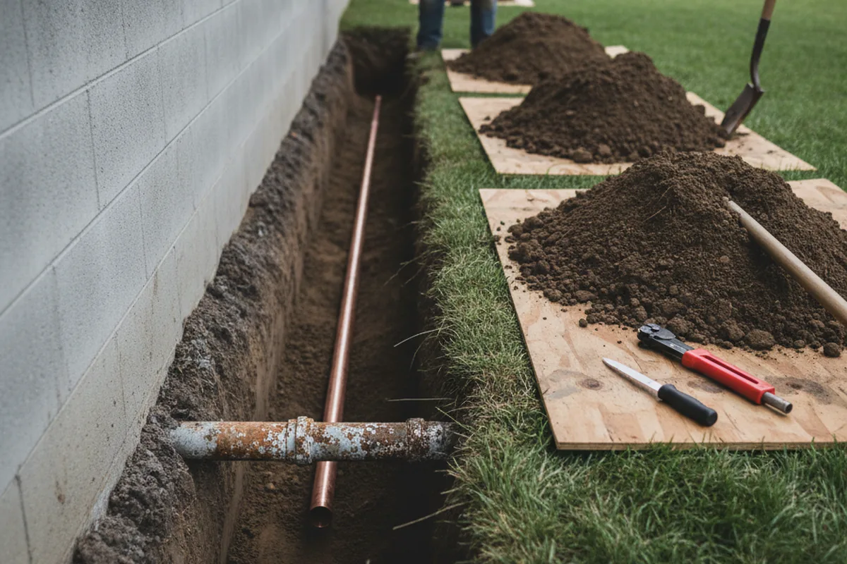 Excavated water line trench during Water Softener Installation in Pompeys Pillar